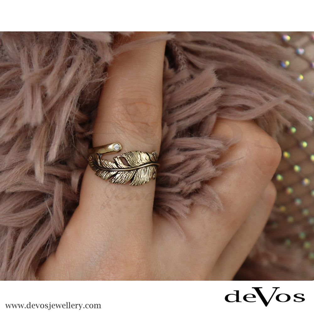 Gold Feather and Diamond Ring