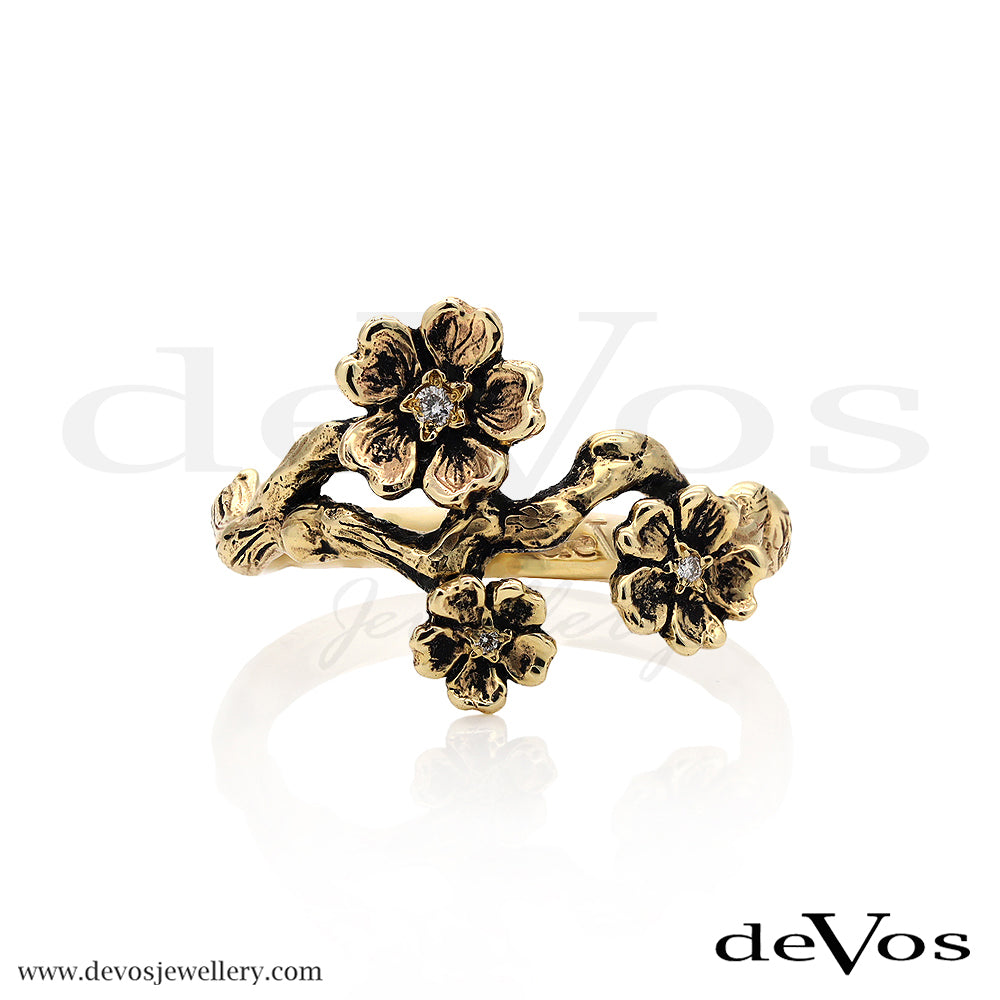 Gold Cherry Blossom and Diamond Ring