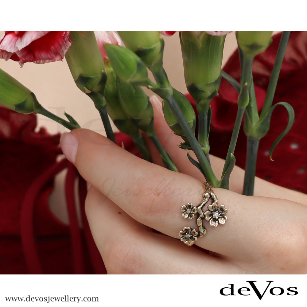 Gold Cherry Blossom and Diamond Ring