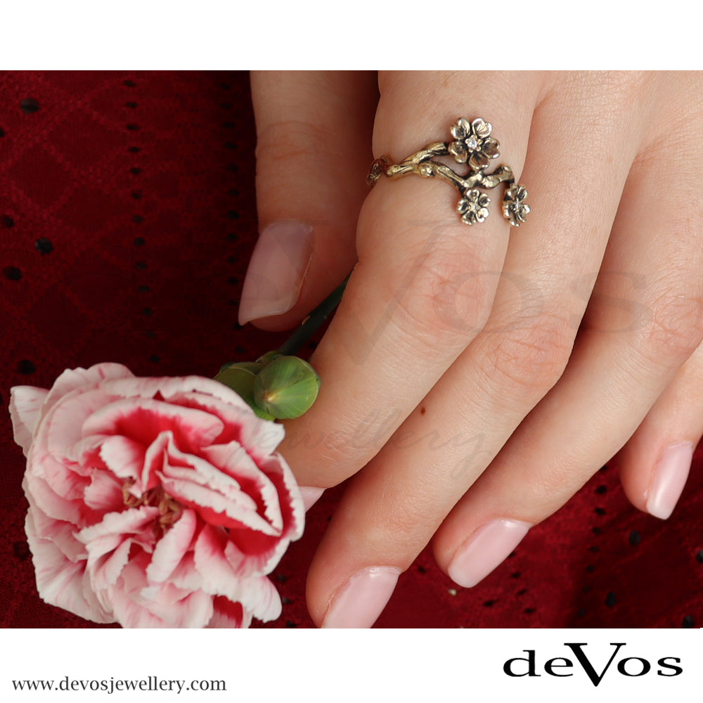 Gold Cherry Blossom and Diamond Ring