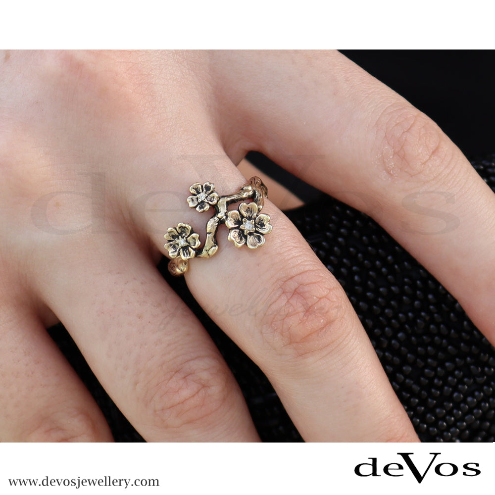 Gold Cherry Blossom and Diamond Ring