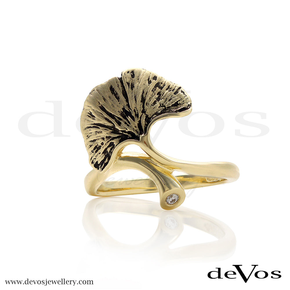 Gold Ginkgo Leaf and Diamond Ring