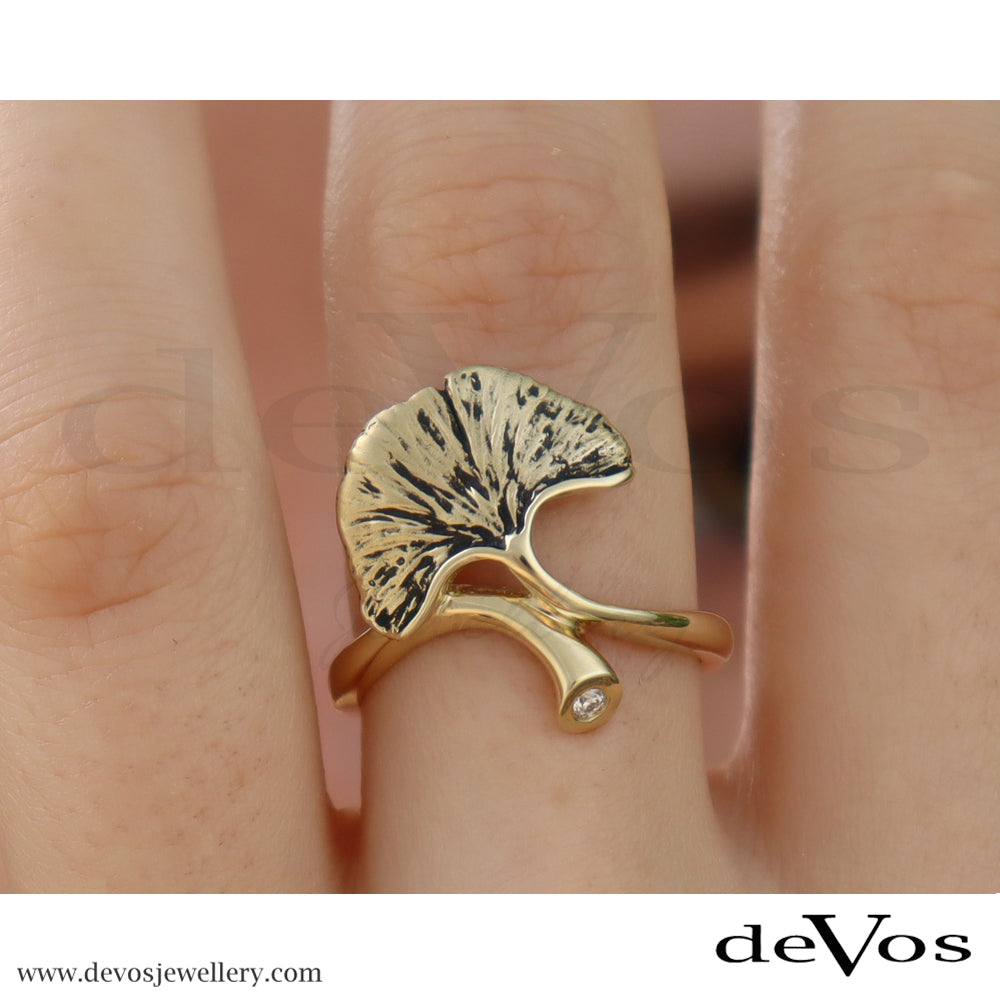 Gold Ginkgo Leaf and Diamond Ring