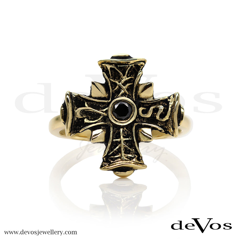 Gold Cross and Black Diamond Ring