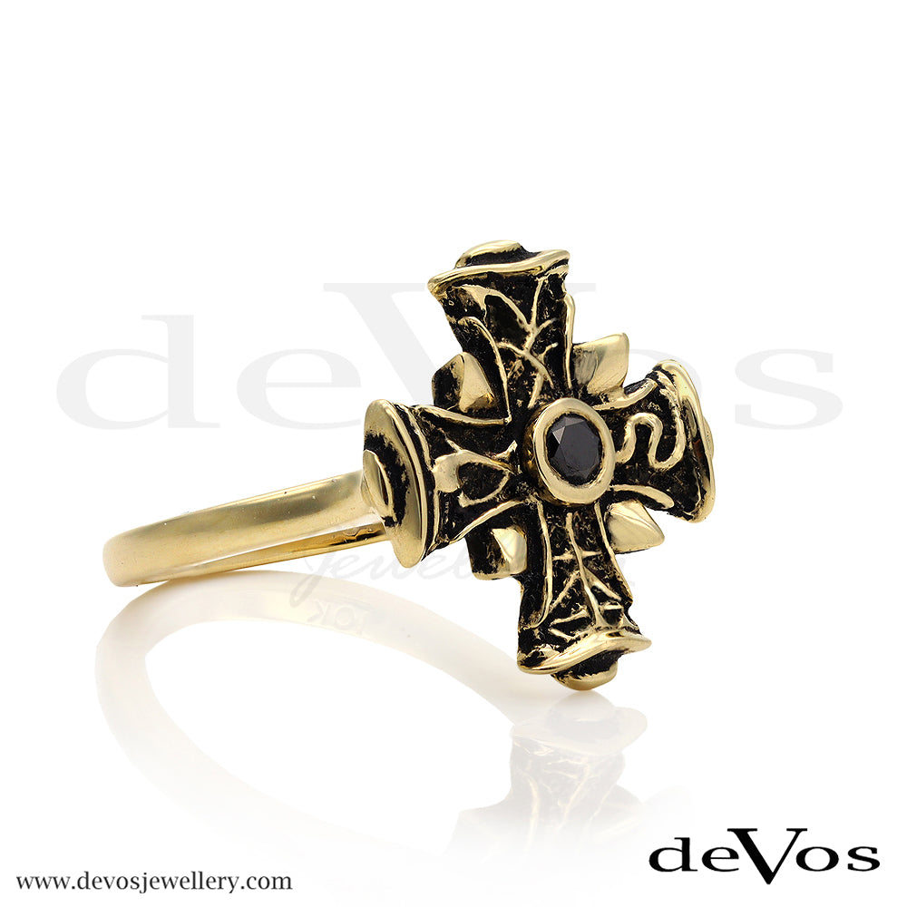 Gold Cross and Black Diamond Ring
