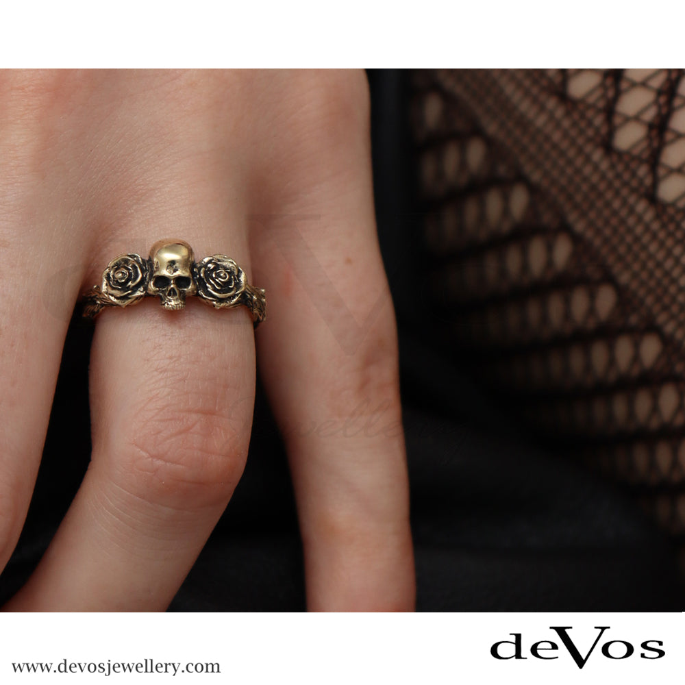 "Forever Mine" Gold Skull and Roses Ring
