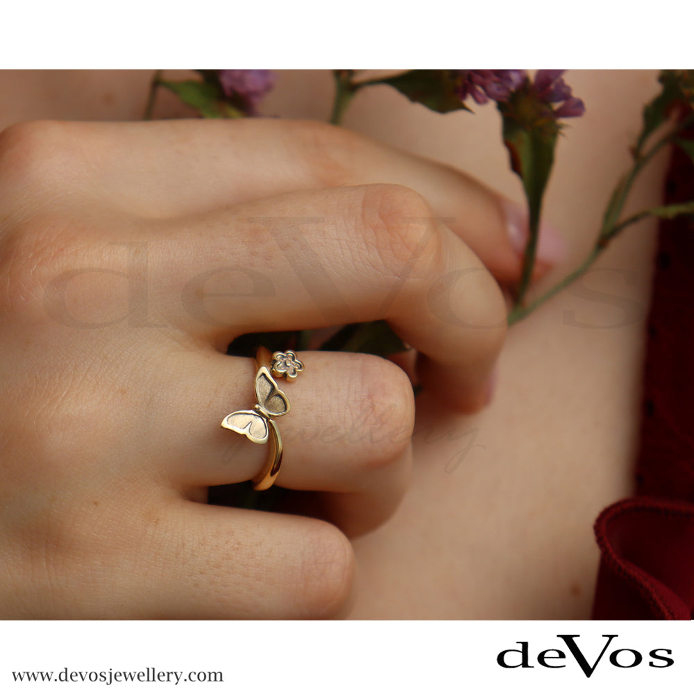 "Flutter" Gold Butterfly and Flower Ring