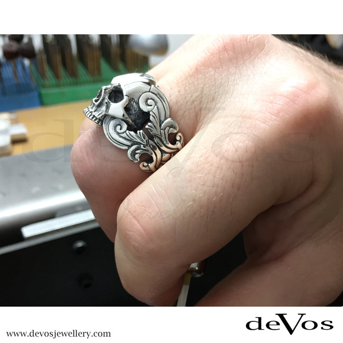 "Horatio" Scroll Half Skull Ring
