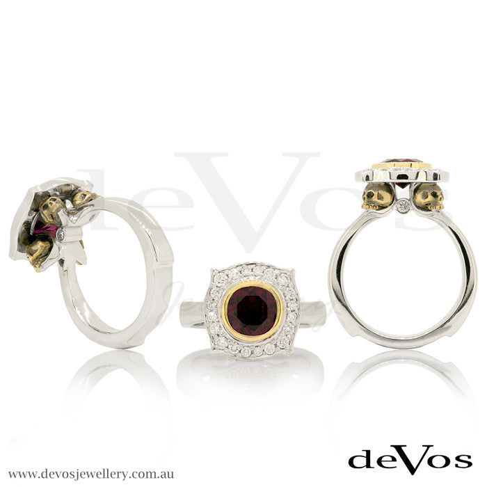 "Till Death" Rhodolite Garnet and Diamond Skull Ring