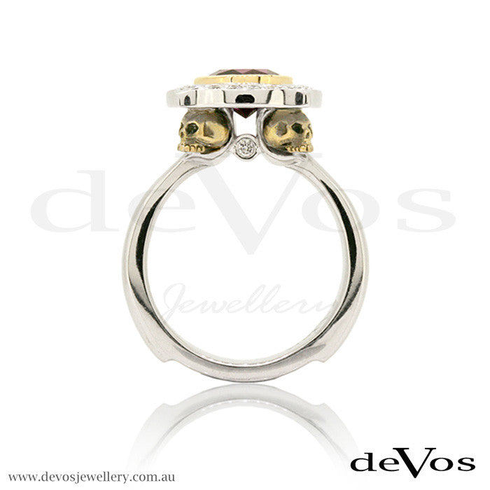 "Till Death" Rhodolite Garnet and Diamond Skull Ring